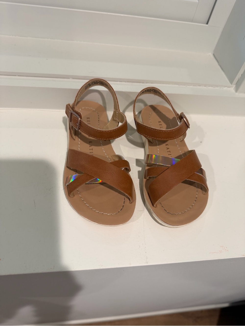 Kelly & Katie Girls Tan Sandals with Holographic Strap Accent